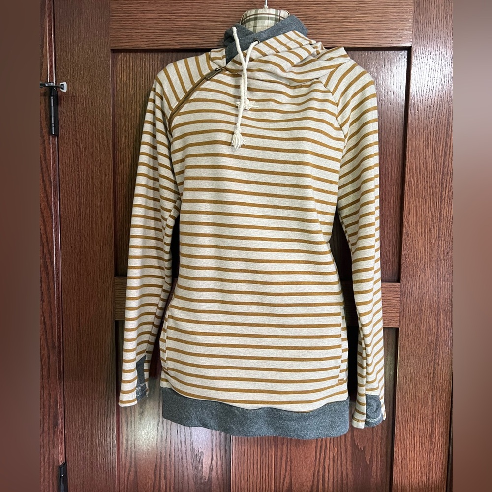 AMPERSAND AVE Striped Cowl Neck Sweater in Tan and Cream